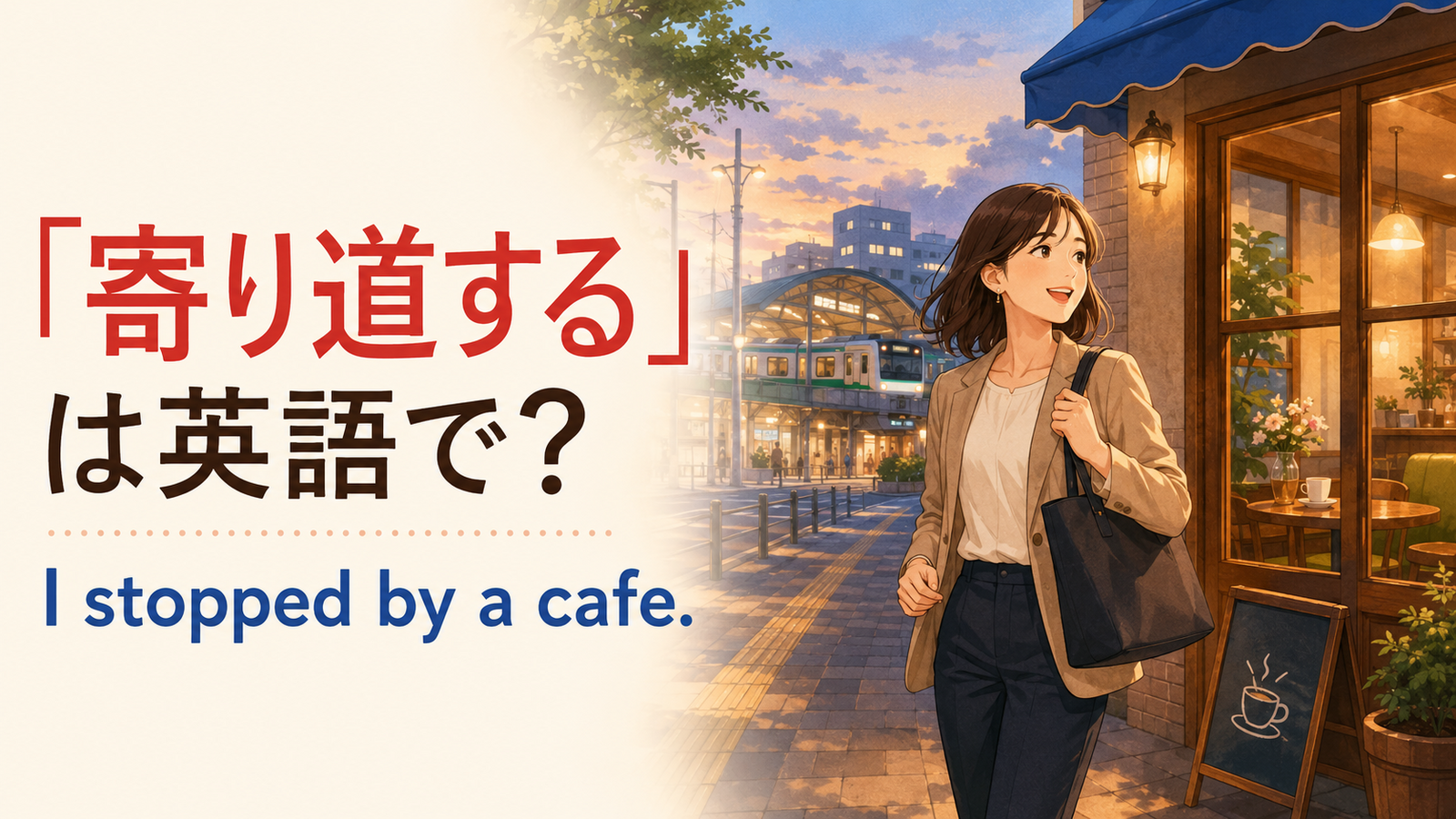 「寄り道する」は英語でI stopped by a cafeと表すことを説明するイラスト