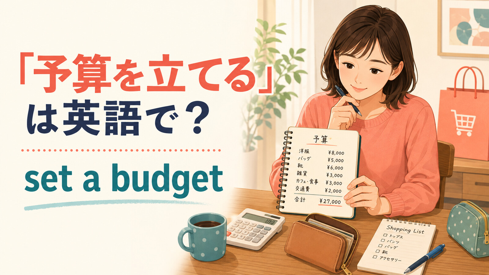 買い物前にノートと電卓で予算を立てる女性