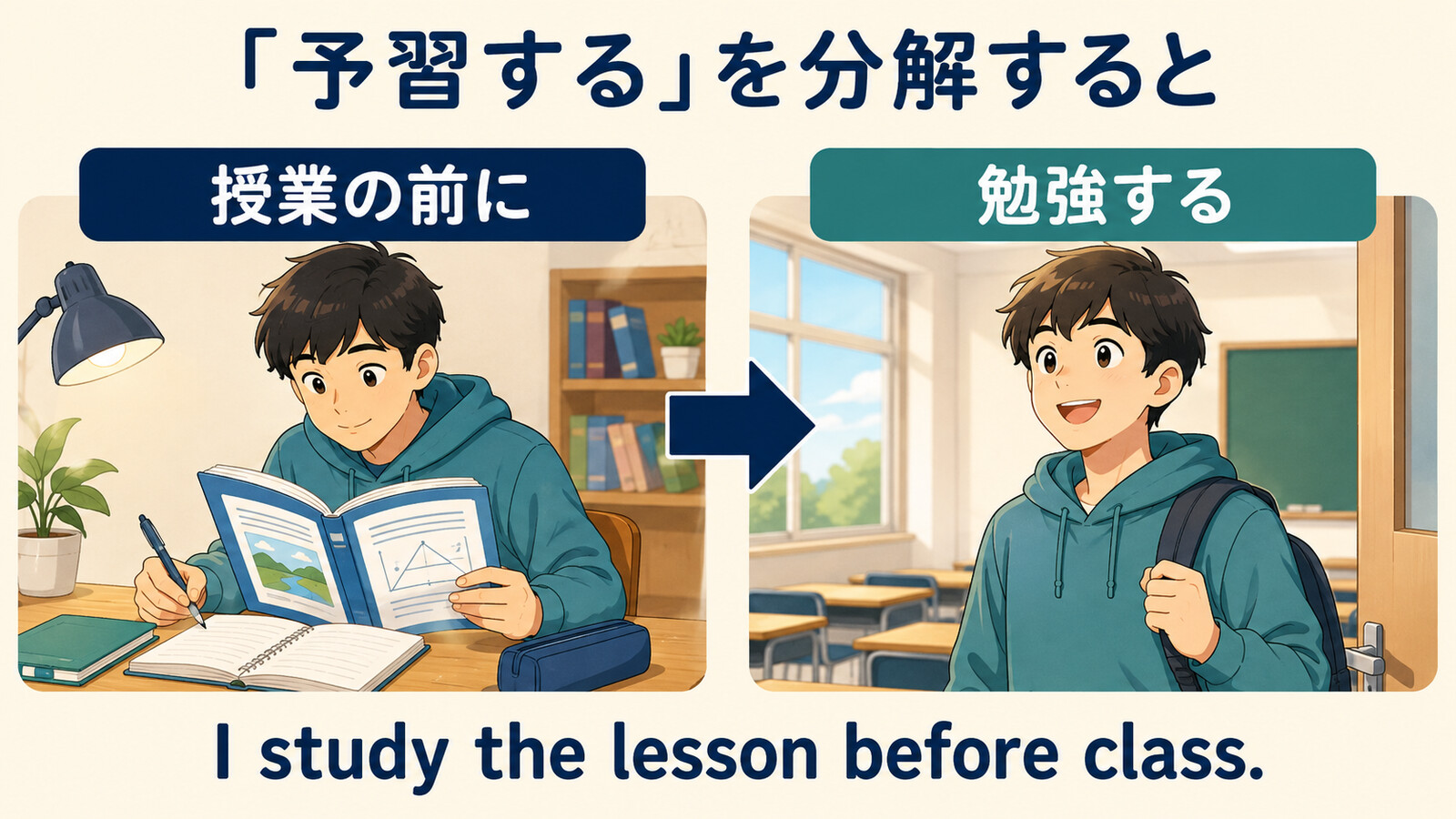 「予習する」を「授業の前に」「勉強する」に分けた言い換え図