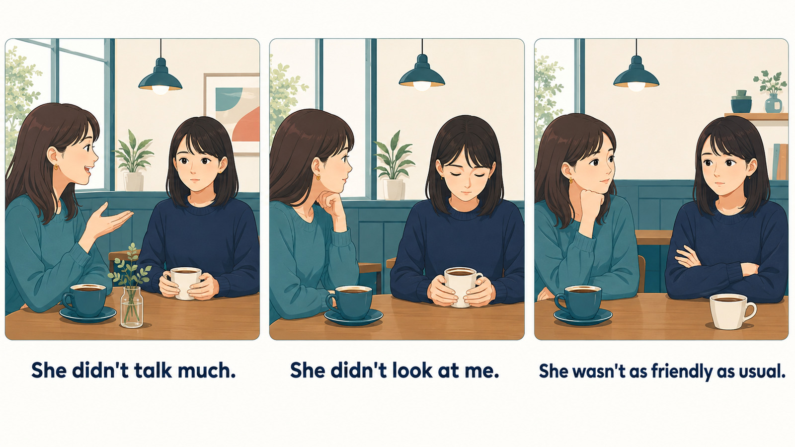よそよそしい態度をShe didn't talk muchなど簡単な英語に分解した図