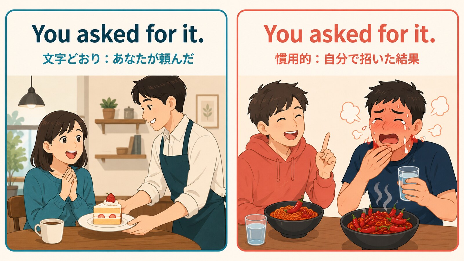 You asked for it.の文字どおりの意味と自分で招いた結果という慣用的な意味を比較したイラスト