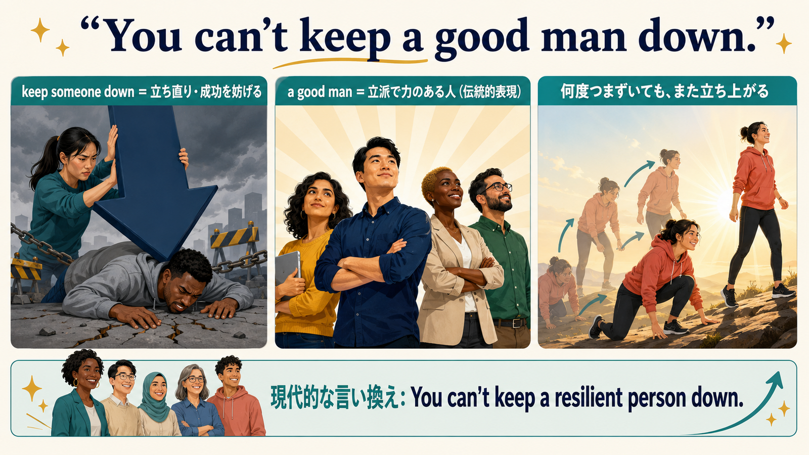 You can't keep a good man downのkeep downとgood manの意味、現代的な言い換えを説明する図
