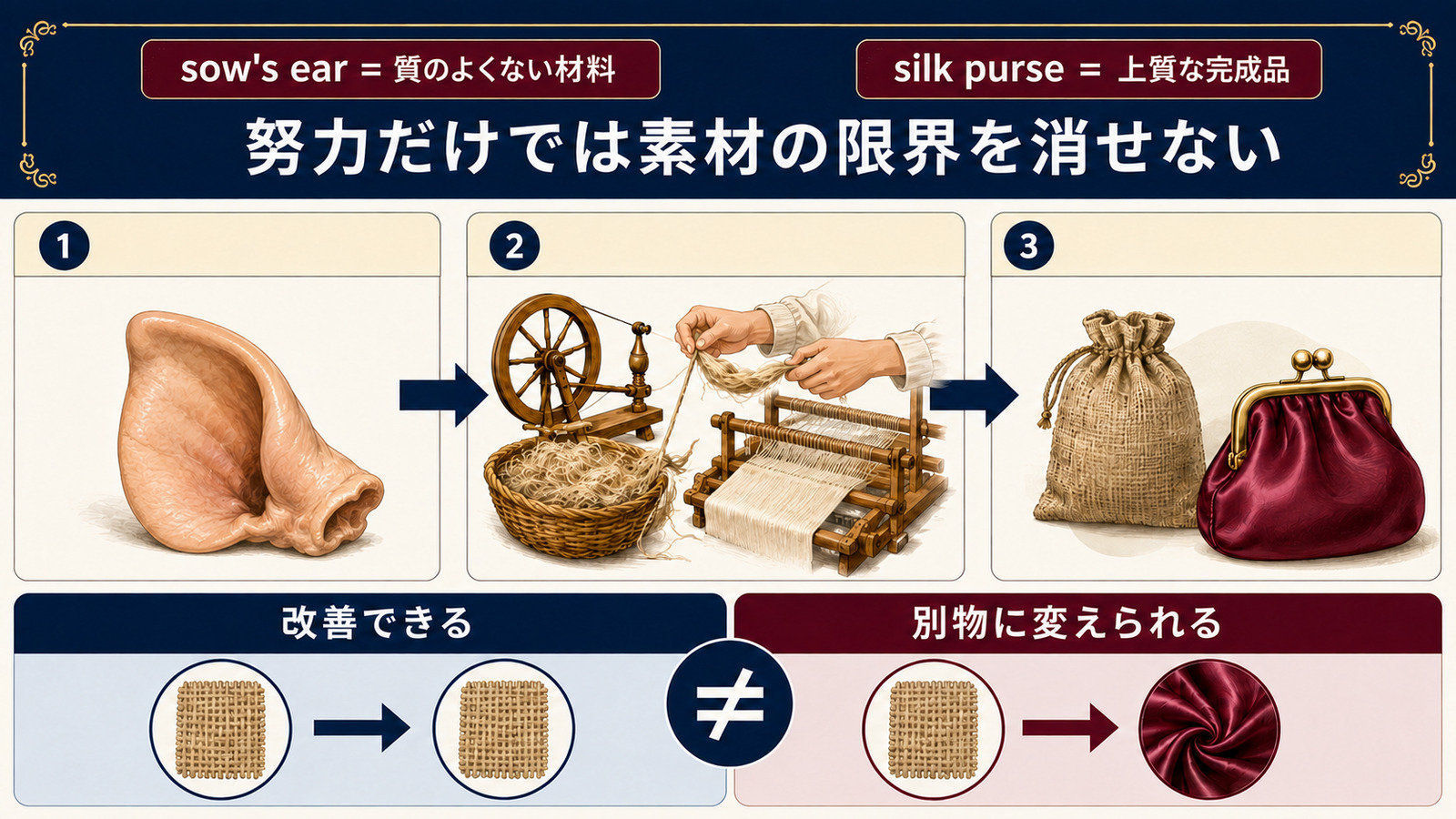 sow's earが質のよくない材料、silk purseが上質な完成品を表すことを説明する図