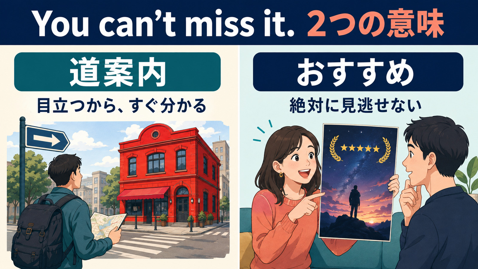 You can’t miss it.の道案内とおすすめでの2つの意味を示す図解