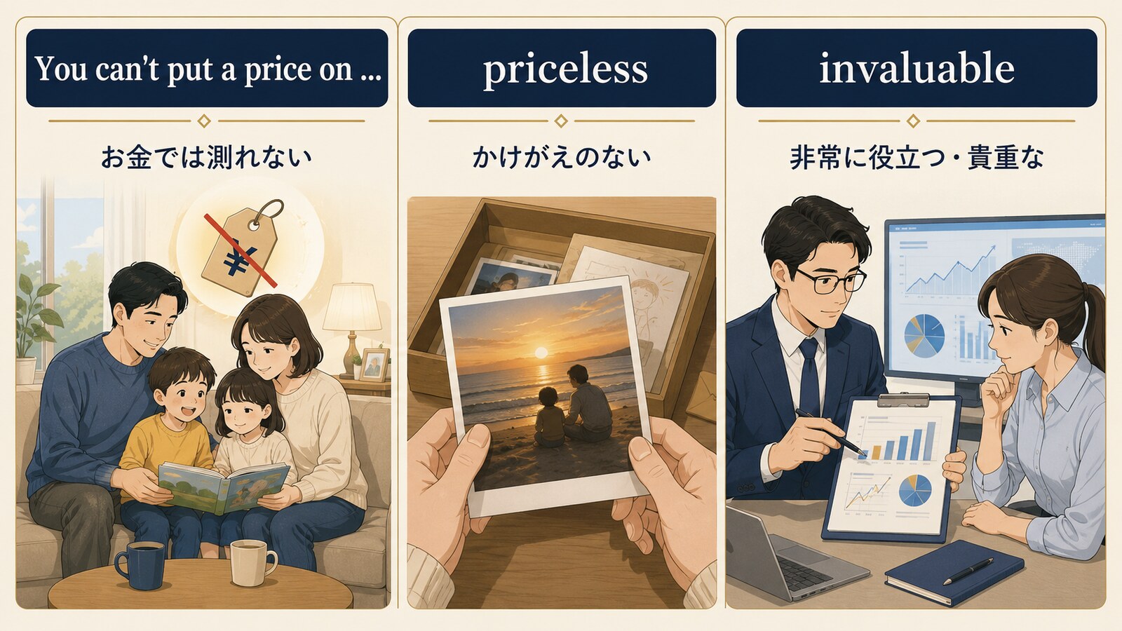 You can't put a price on、priceless、invaluableの意味とニュアンスの違い