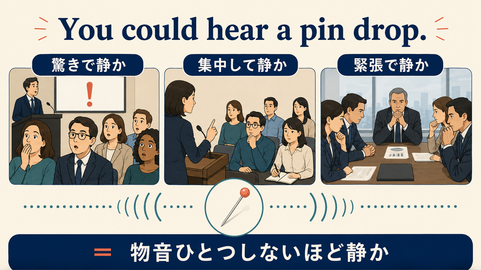 You could hear a pin drop.を使う驚き・集中・緊張の3つの場面
