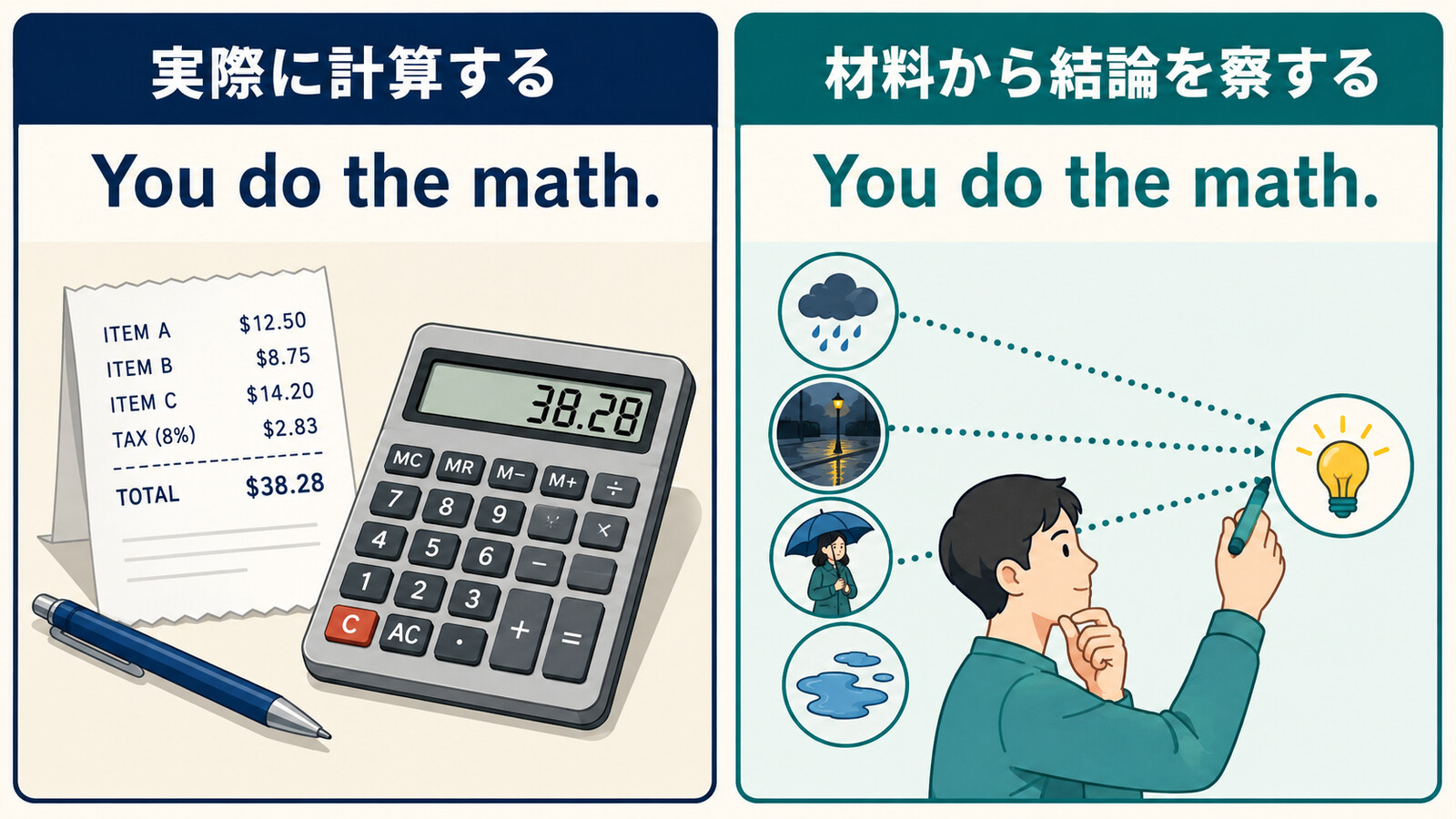 You do the math.の実際に計算する用法と材料から結論を察する用法の比較図