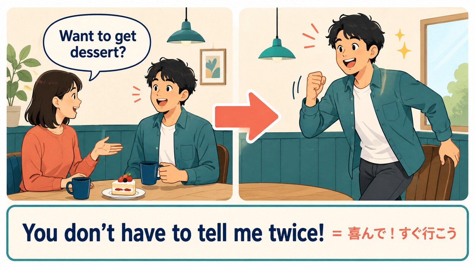 You don’t have to tell me twice.が「喜んで、すぐ行こう」を表す会話イラスト