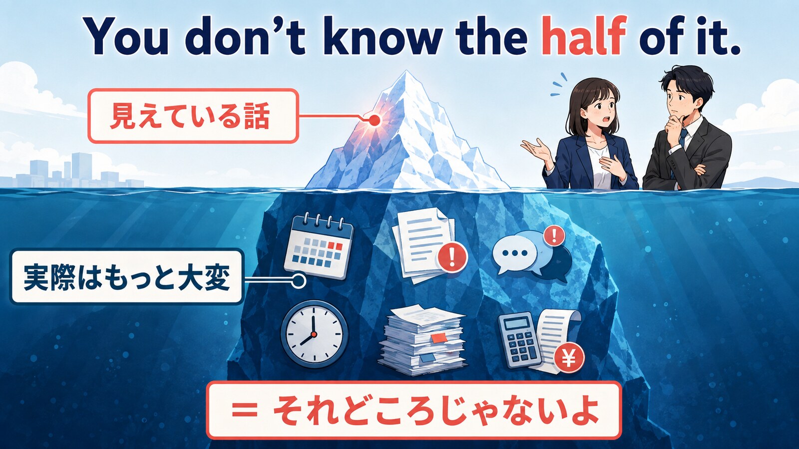 You don’t know the half of it.は見えている話より実情が大きいことを表す図