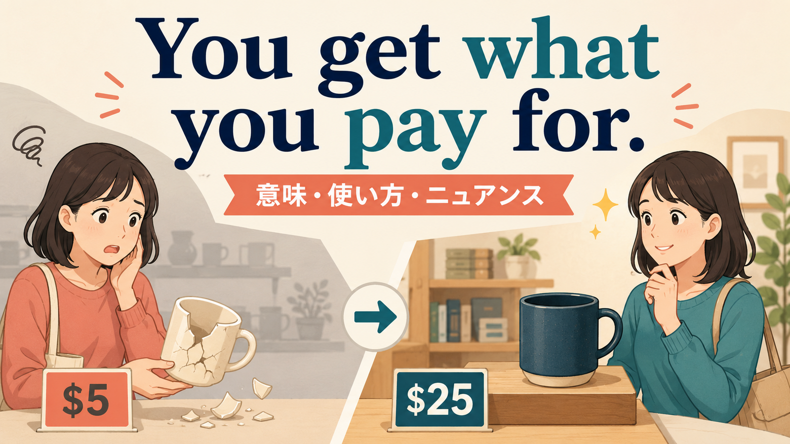 You get what you pay forの意味・使い方・ニュアンスを示すアイキャッチ画像