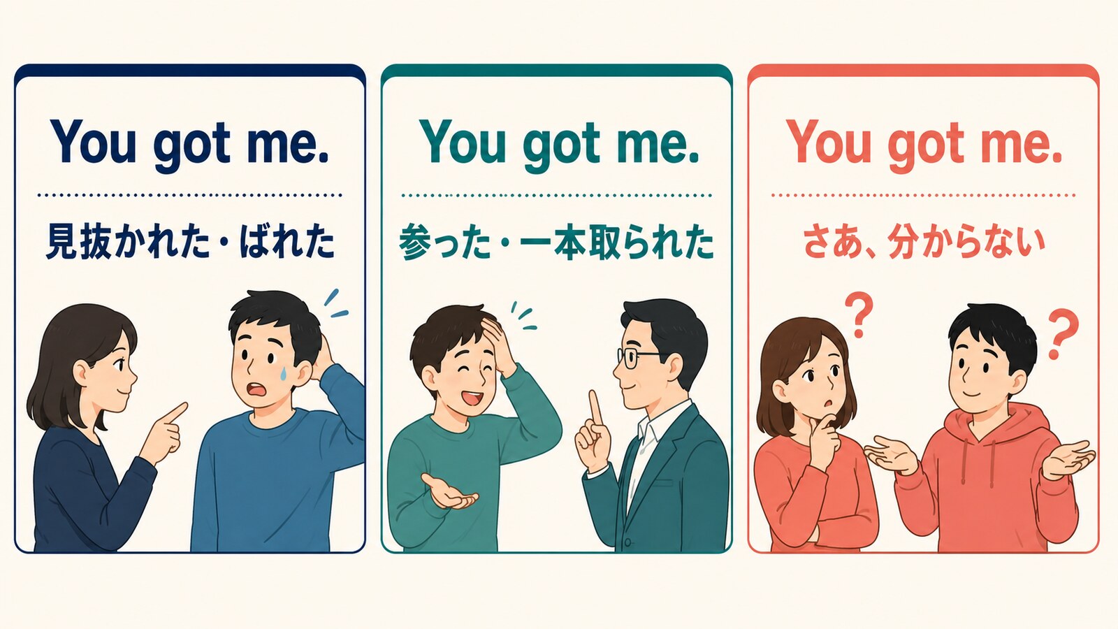 You got me.の見抜かれた・参った・分からないという3つの意味を比較したイラスト