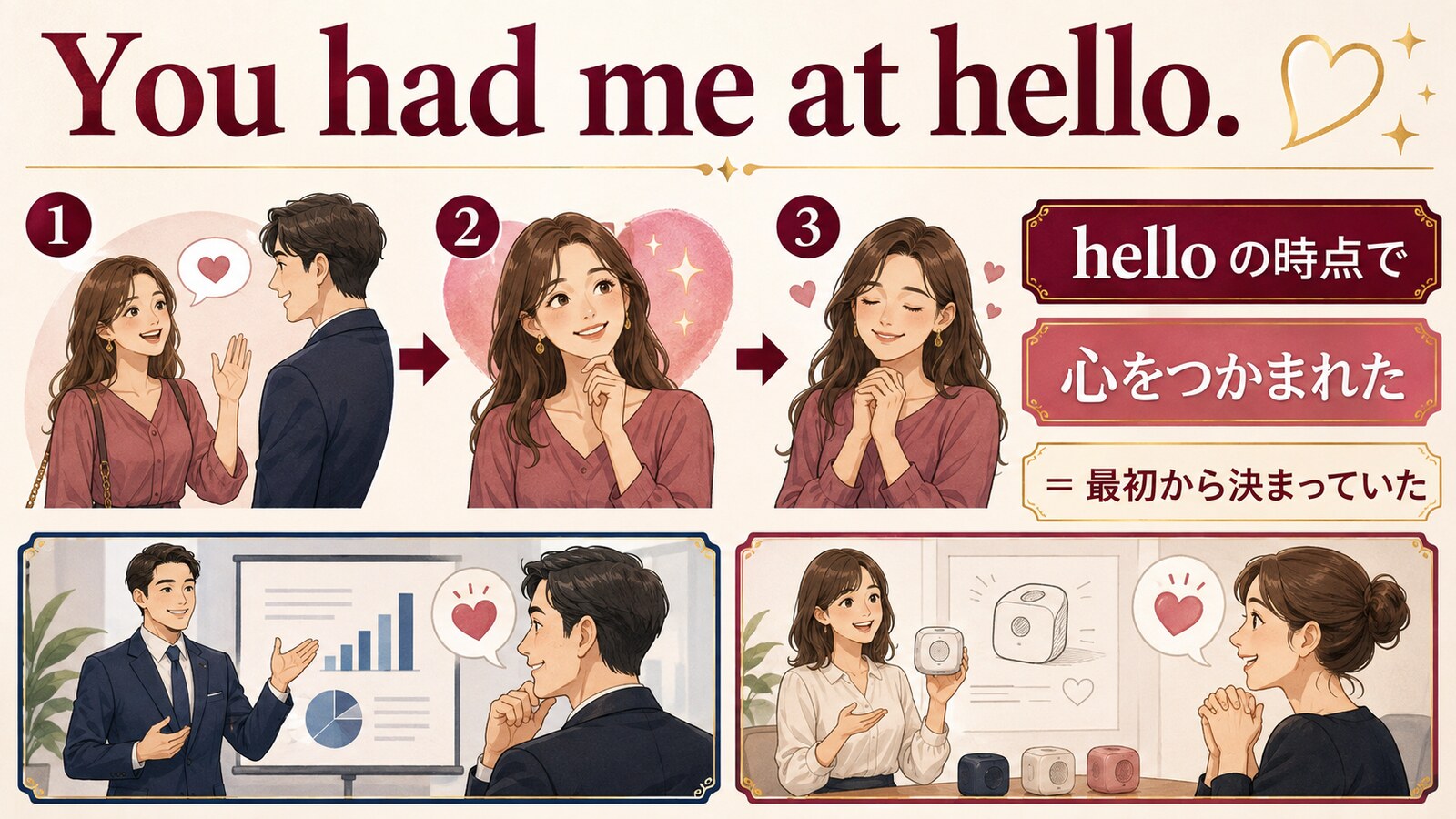 You had me at hello.が最初の一言で心をつかまれたことを表す図
