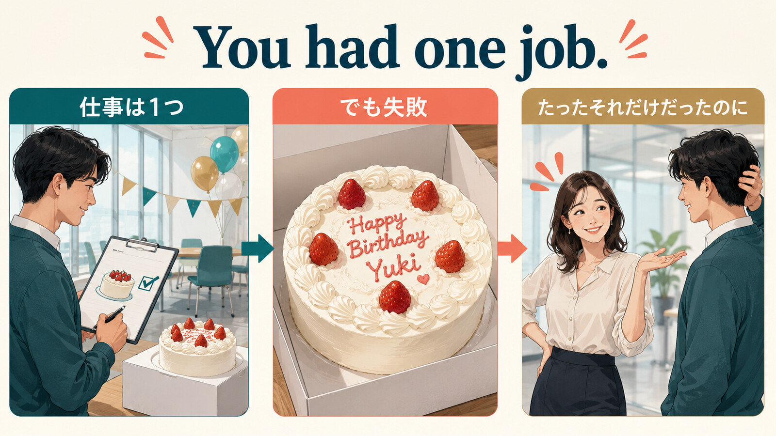 一つだけ任された仕事に失敗したときYou had one job.と言う流れを示す解説イラスト