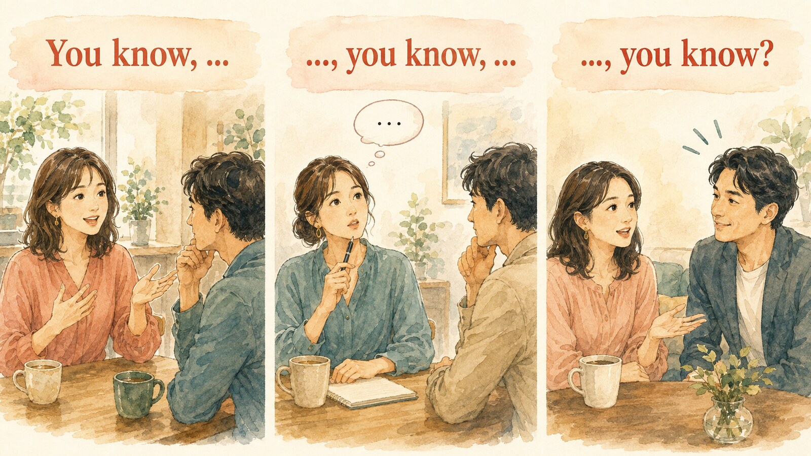 文頭・文中・文末のYou knowの使い方を示すイラスト