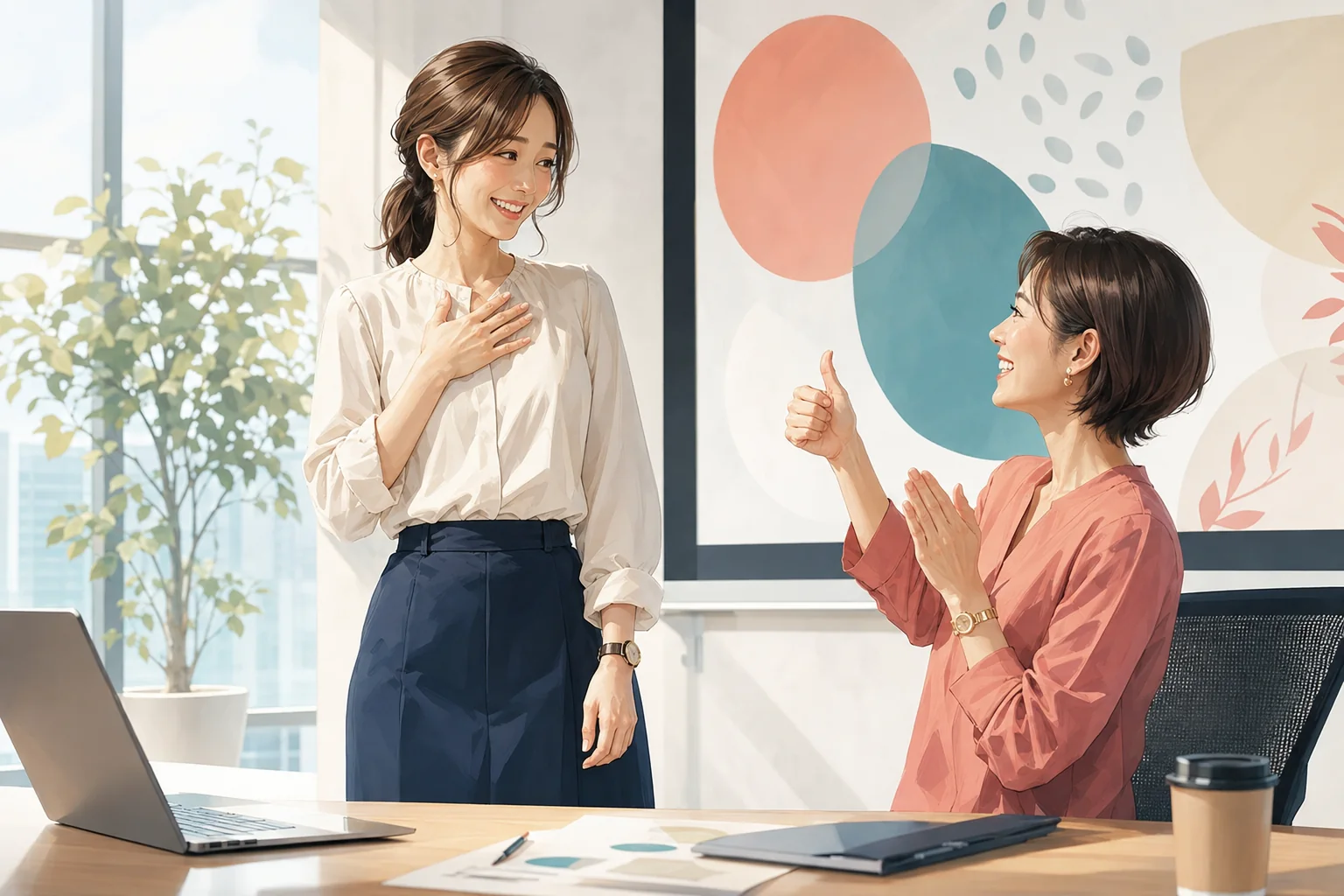 プレゼンを成功させ同僚からYou nailed itと称えられる女性のイラスト