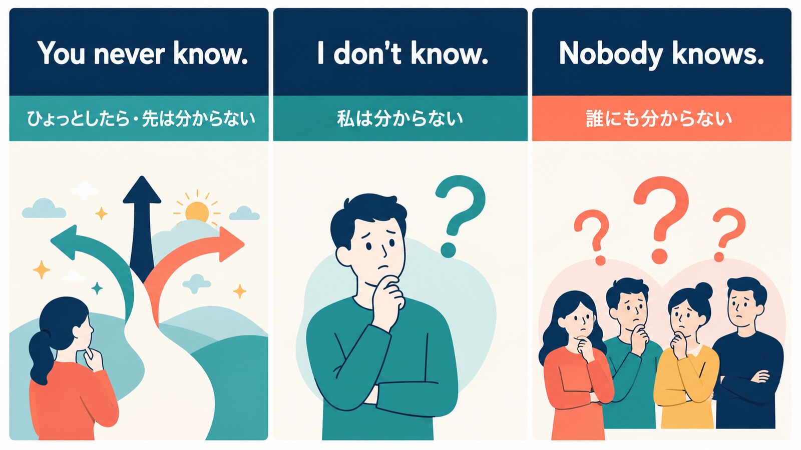 You never knowとI don't knowとNobody knowsの意味の違いを示す比較図