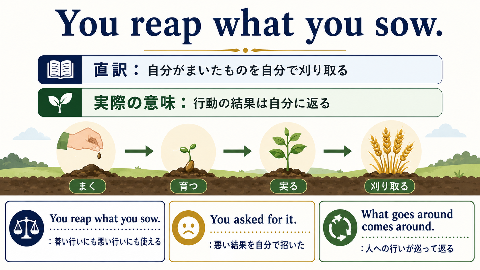 You reap what you sow.の直訳と実際の意味、You asked for it.などとの違いを示す図