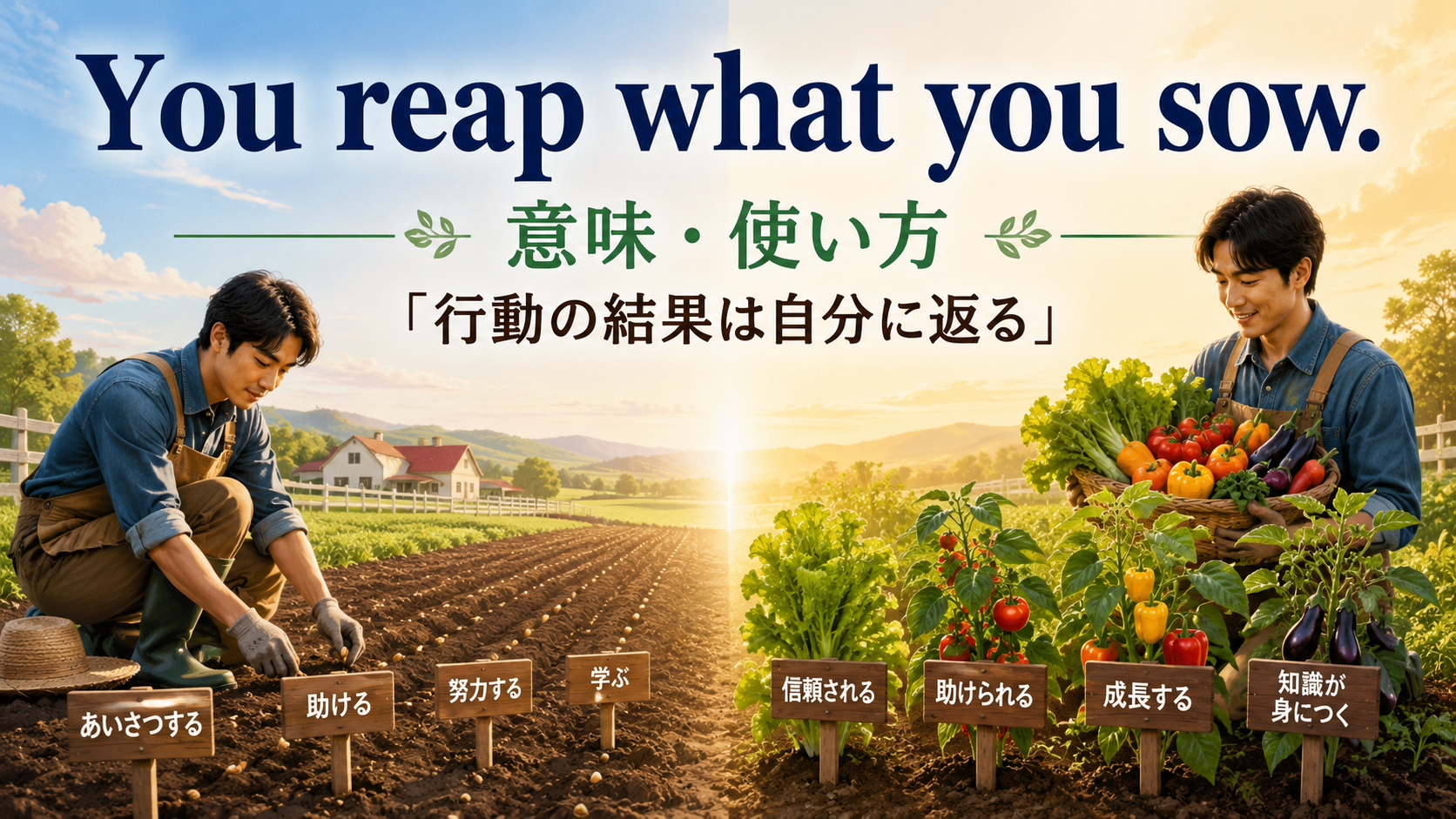 You reap what you sow.の意味と使い方を、種まきと収穫で表したイラスト