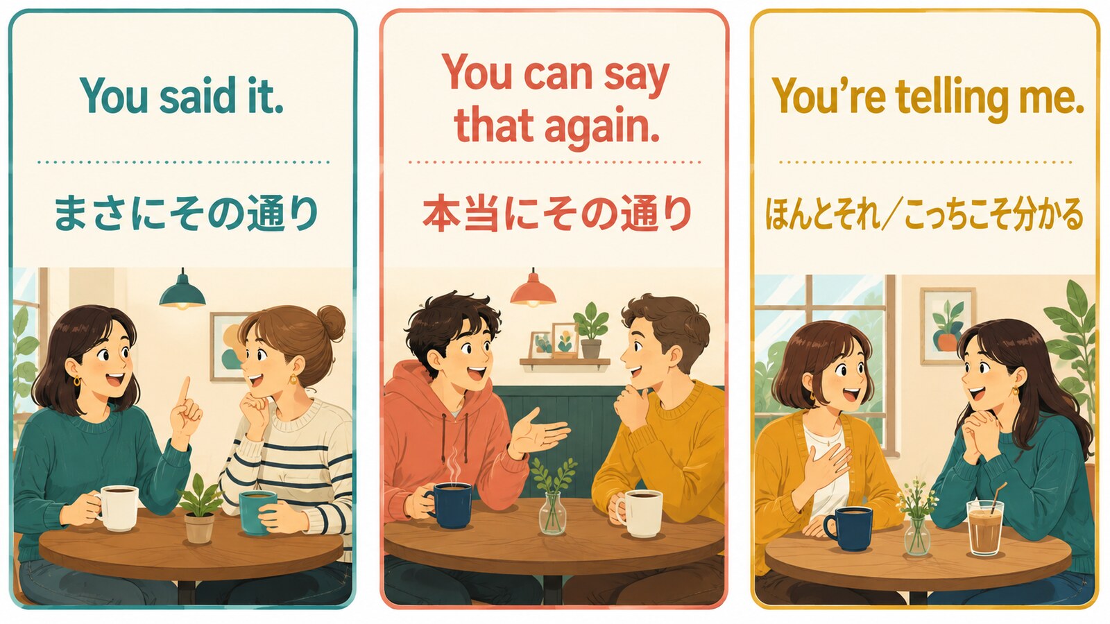 You said it.、You can say that again.、You’re telling me.のニュアンス比較