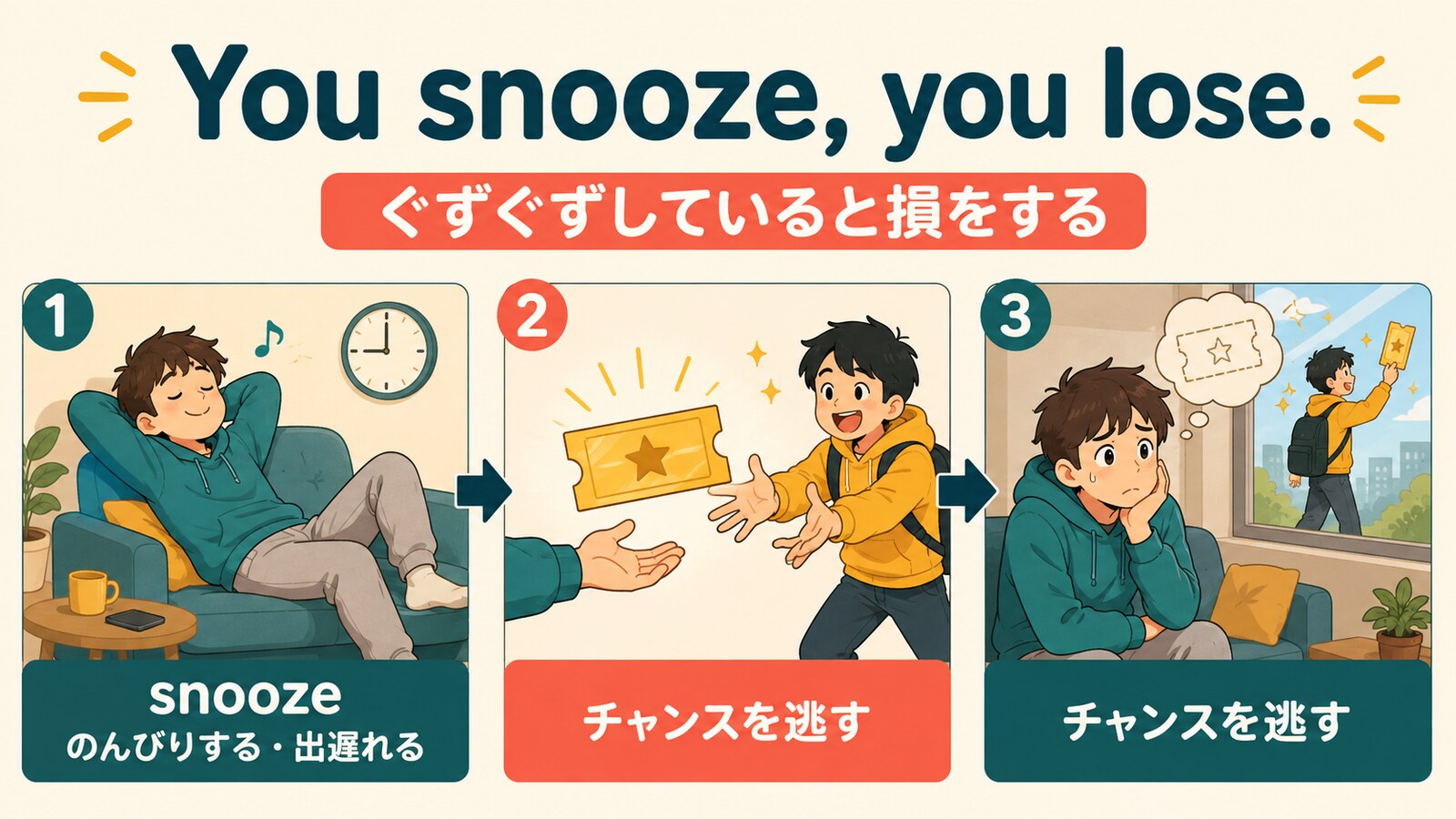 You snooze, you lose.がぐずぐずするとチャンスを逃す意味になる流れ