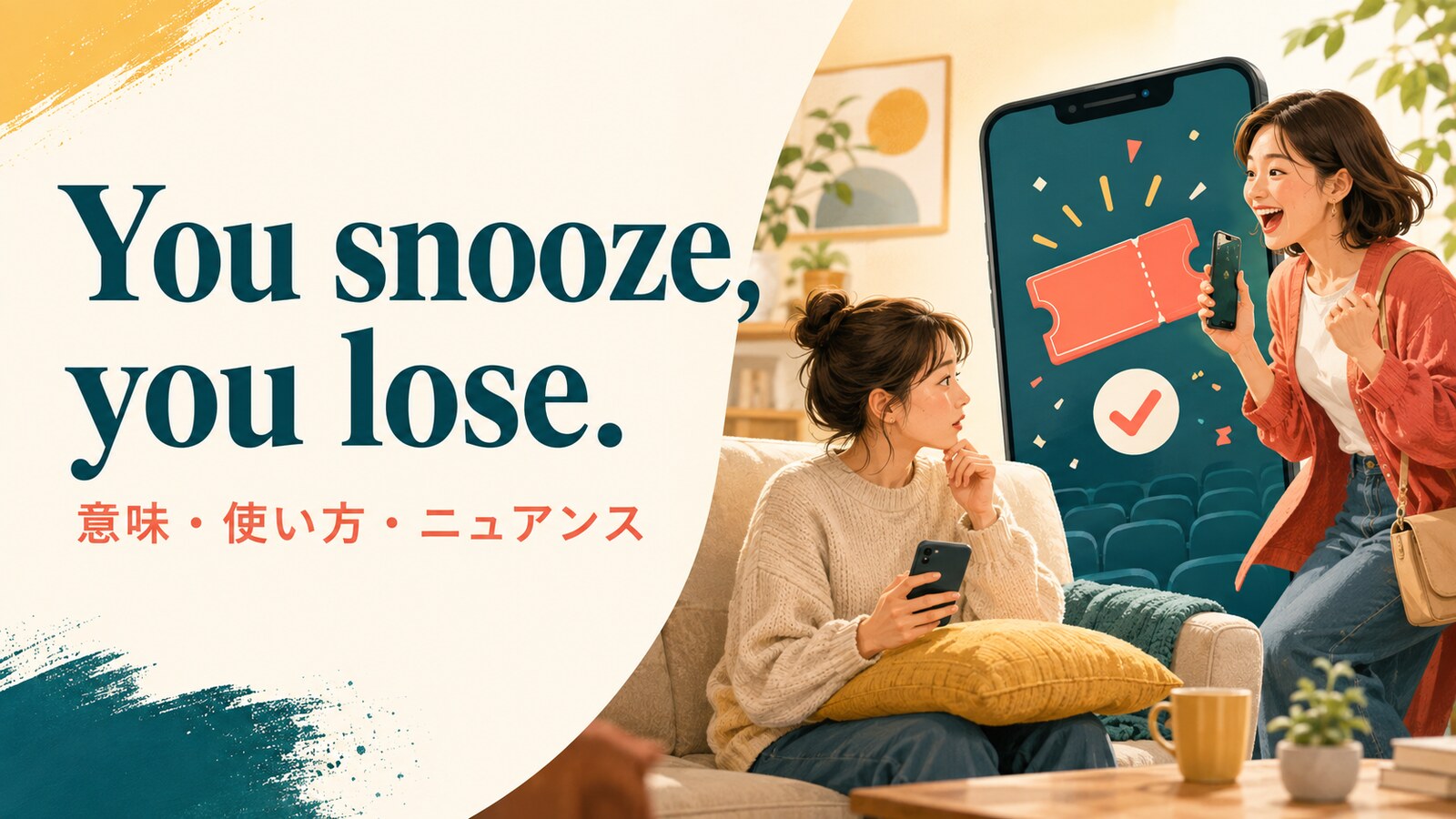 You snooze, you lose.の意味・使い方・ニュアンスを解説するアイキャッチ画像