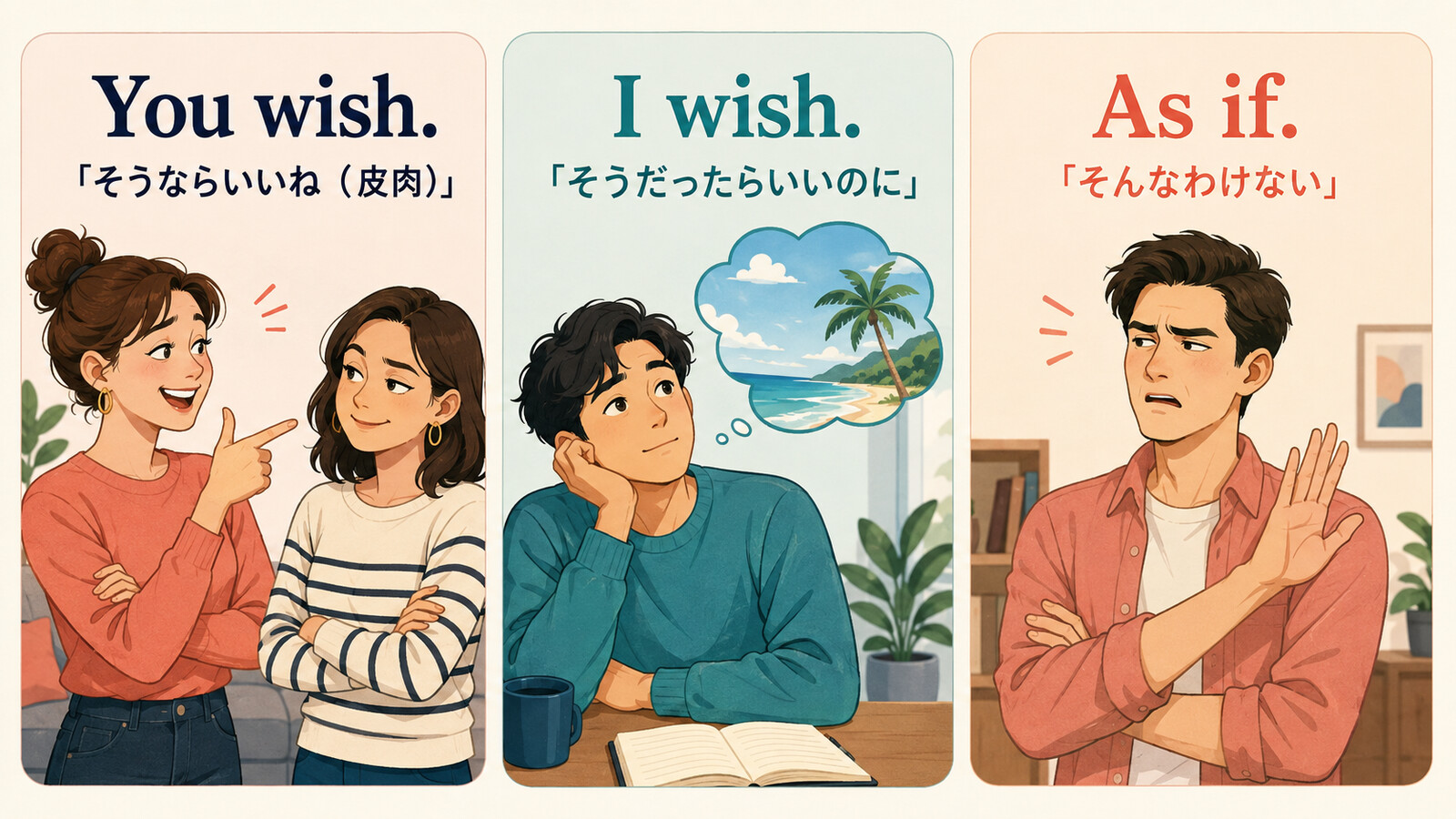You wishとI wishとAs ifの意味とニュアンスの違いを示す比較図