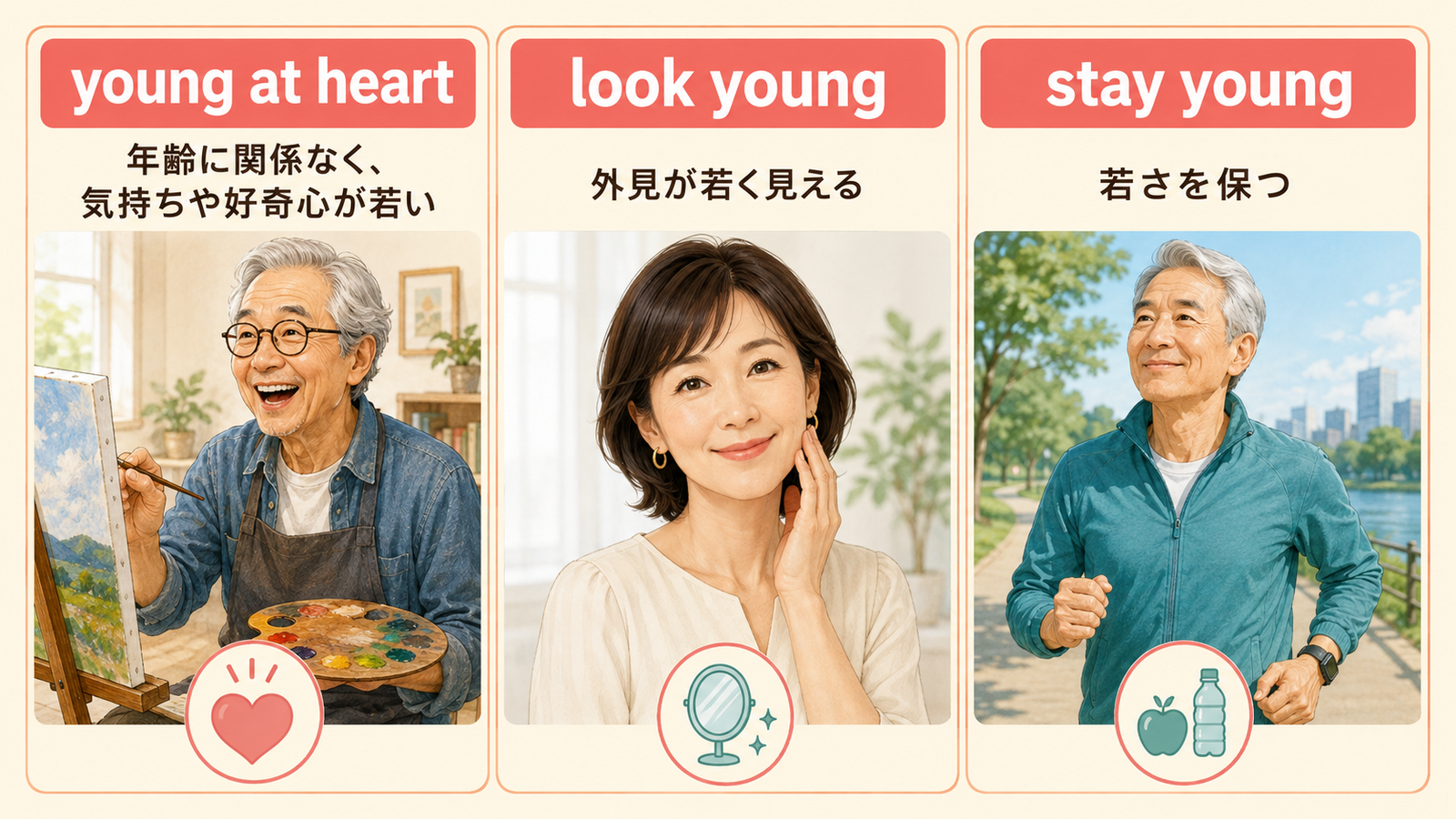 young at heartとlook youngとstay youngのニュアンスの違い