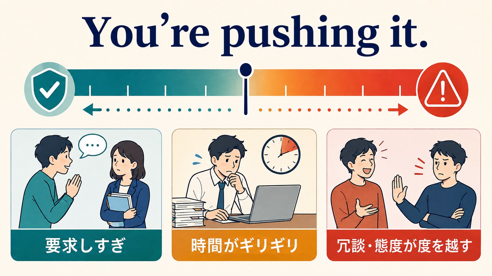 You’re pushing it.を使う要求しすぎ・時間がギリギリ・冗談や態度が度を越す場面の解説図