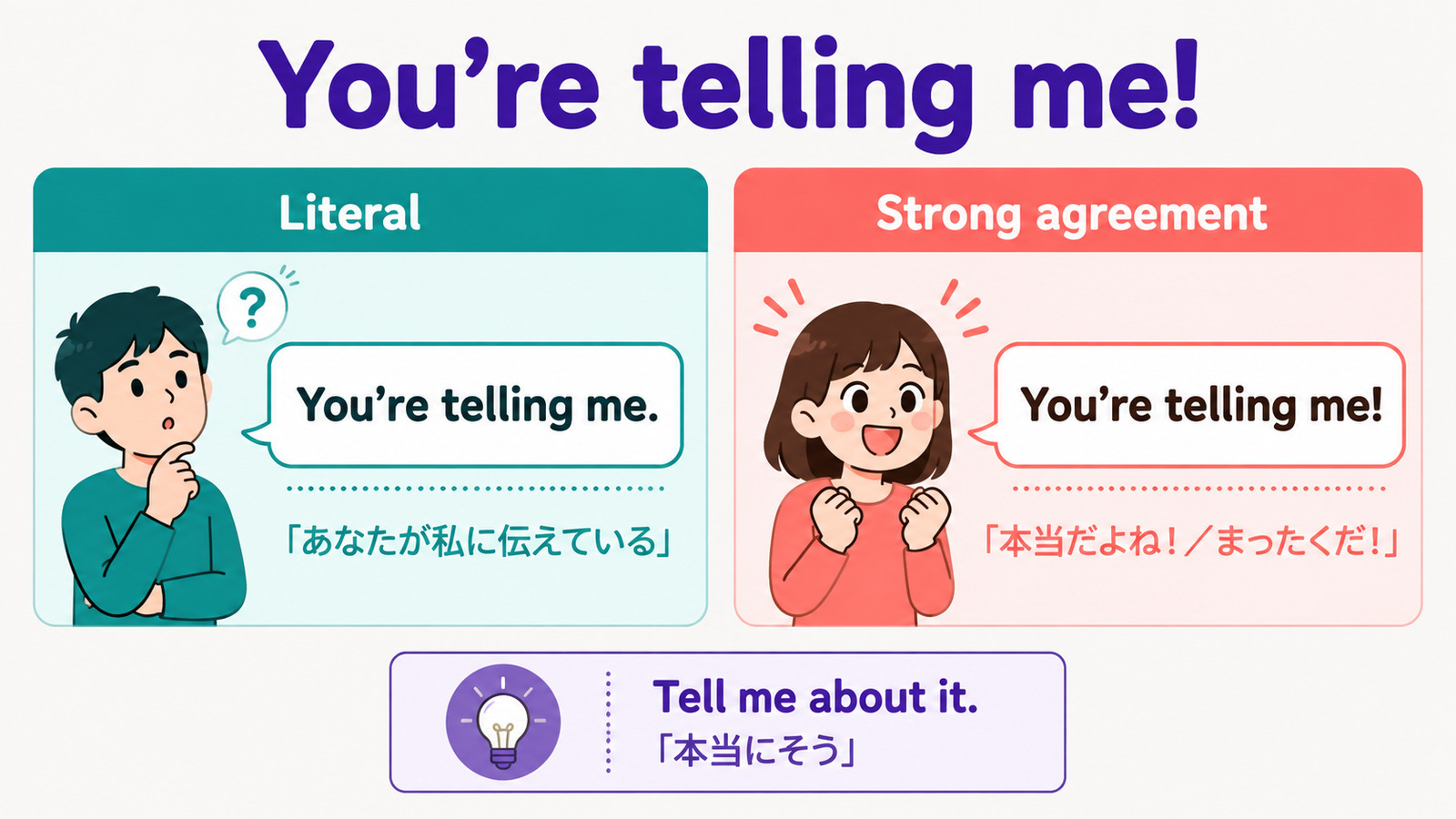 You’re telling meの直訳用法と強い同意、Tell me about itとの違いを示す解説イラスト