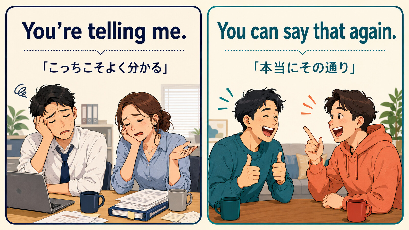 You’re telling meとYou can say that againのニュアンスの違いを示す比較図