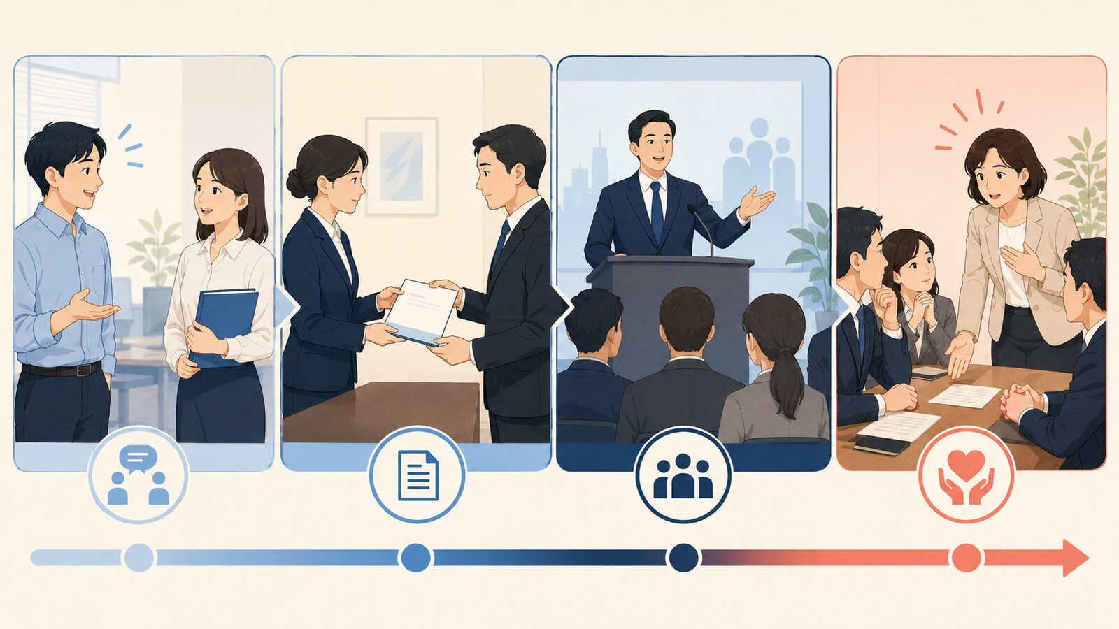 依頼・正式な要請・公の呼びかけ・強い要請の違いを示すイラスト