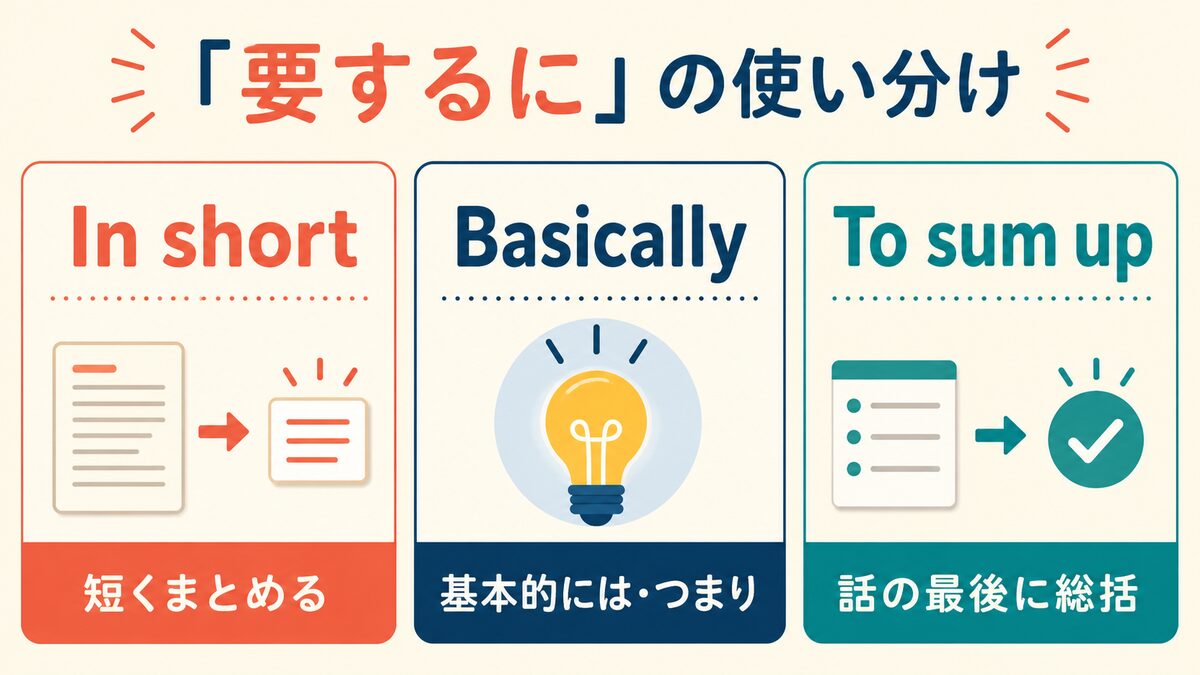 In short・Basically・To sum upの使い分け比較図