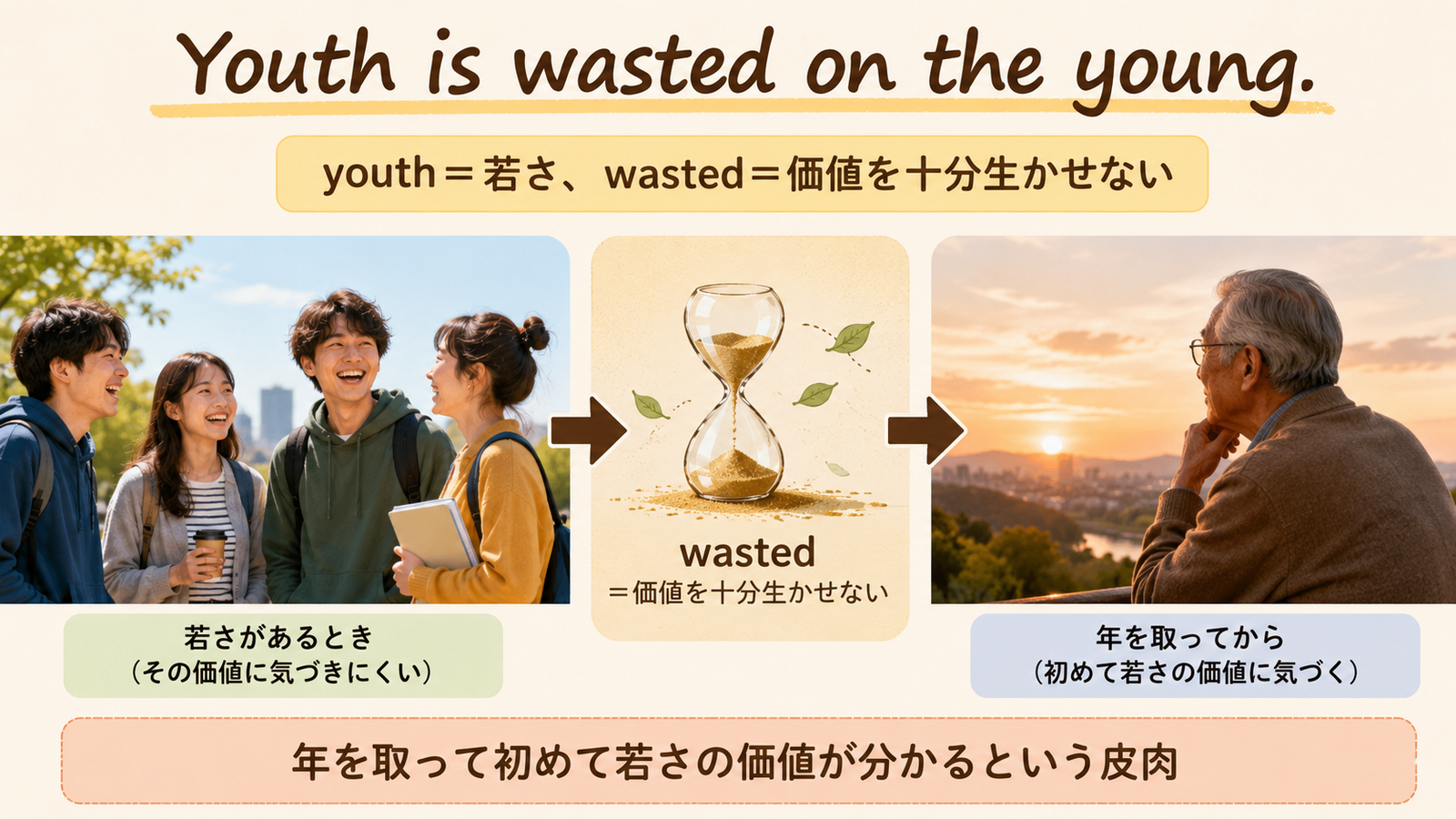 Youth is wasted on the youngの語句・構造・ニュアンスを示す解説図
