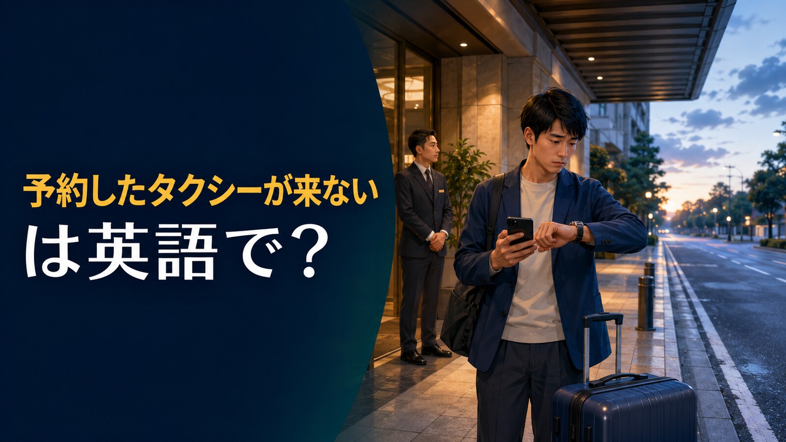 予約したタクシーが来ずホテル前で時計を見る旅行者