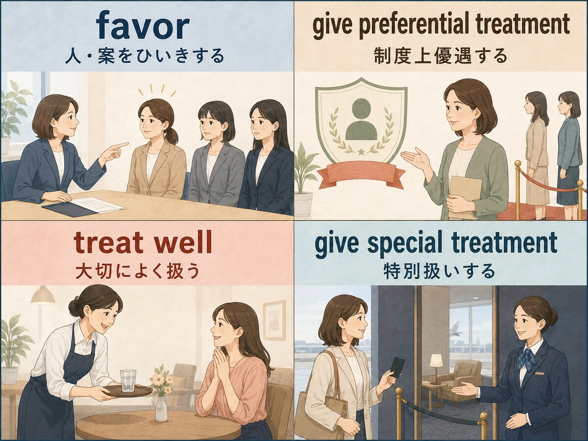 favor・give preferential treatment・treat well・give special treatmentの違いを示す比較イラスト