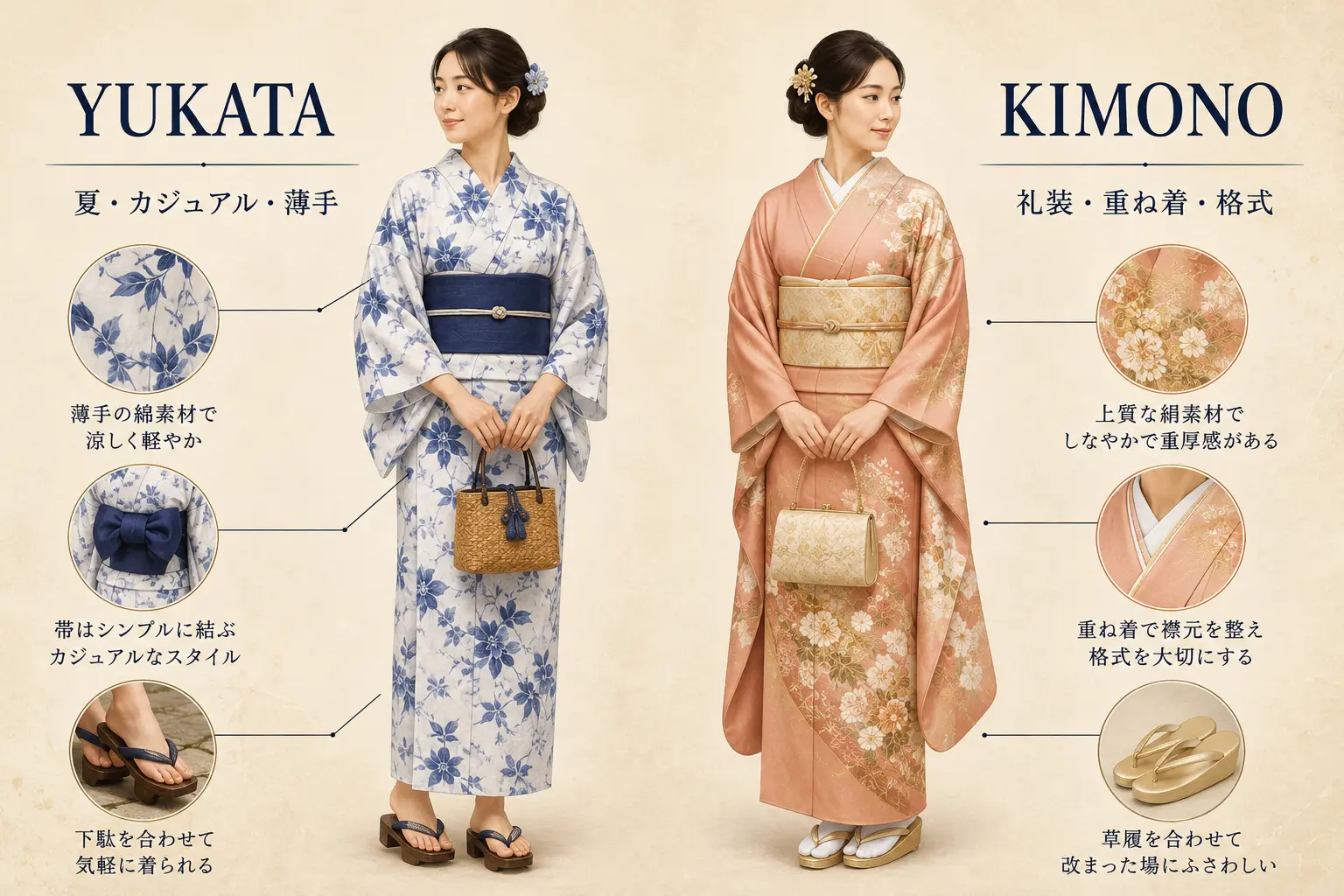 浴衣と着物の違いを夏・カジュアル・薄手と礼装・重ね着・格式で比較した図