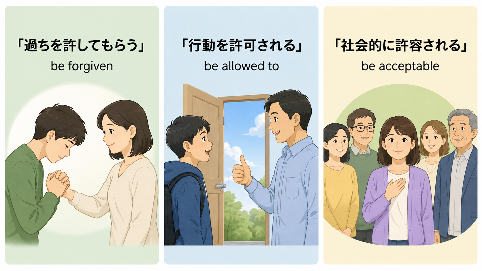 be forgiven・be allowed to・be acceptableで表す「許される」の違い