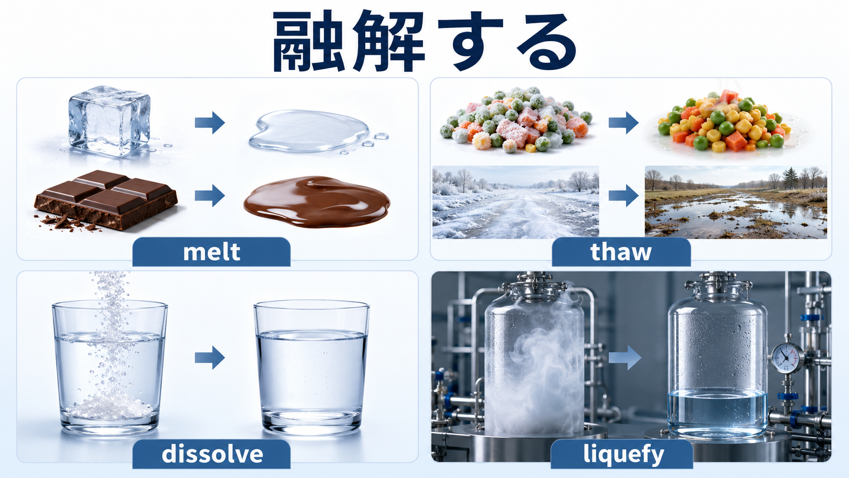 melt・thaw・dissolve・liquefyの違いを示す図