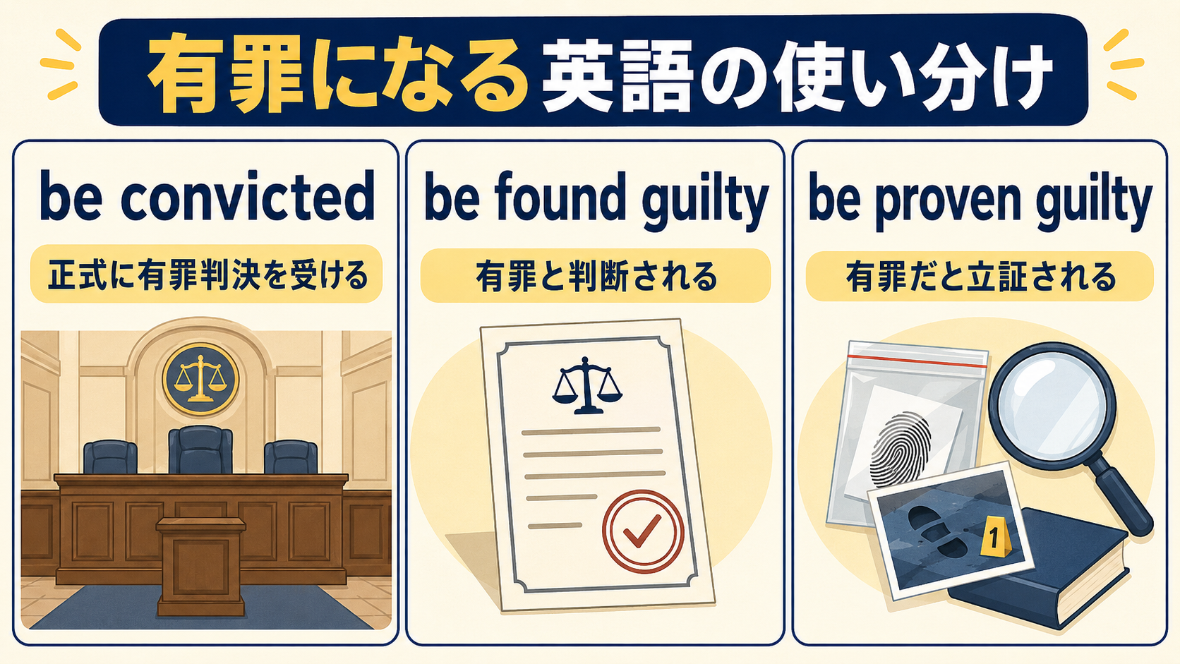 be convicted・be found guilty・be proven guiltyで「有罪になる」を使い分ける図