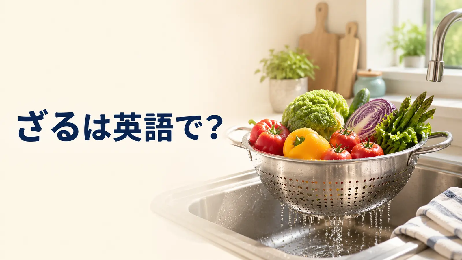 ざるは英語で？colanderで野菜の水を切るキッチンのアイキャッチ