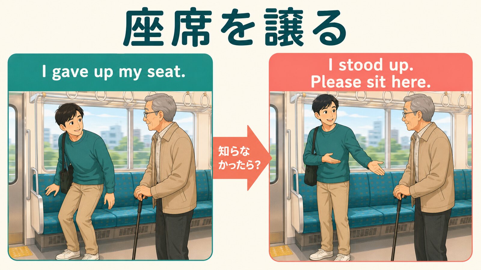 座席を譲るを I stood up. Please sit here. と簡単な英語で説明するイラスト