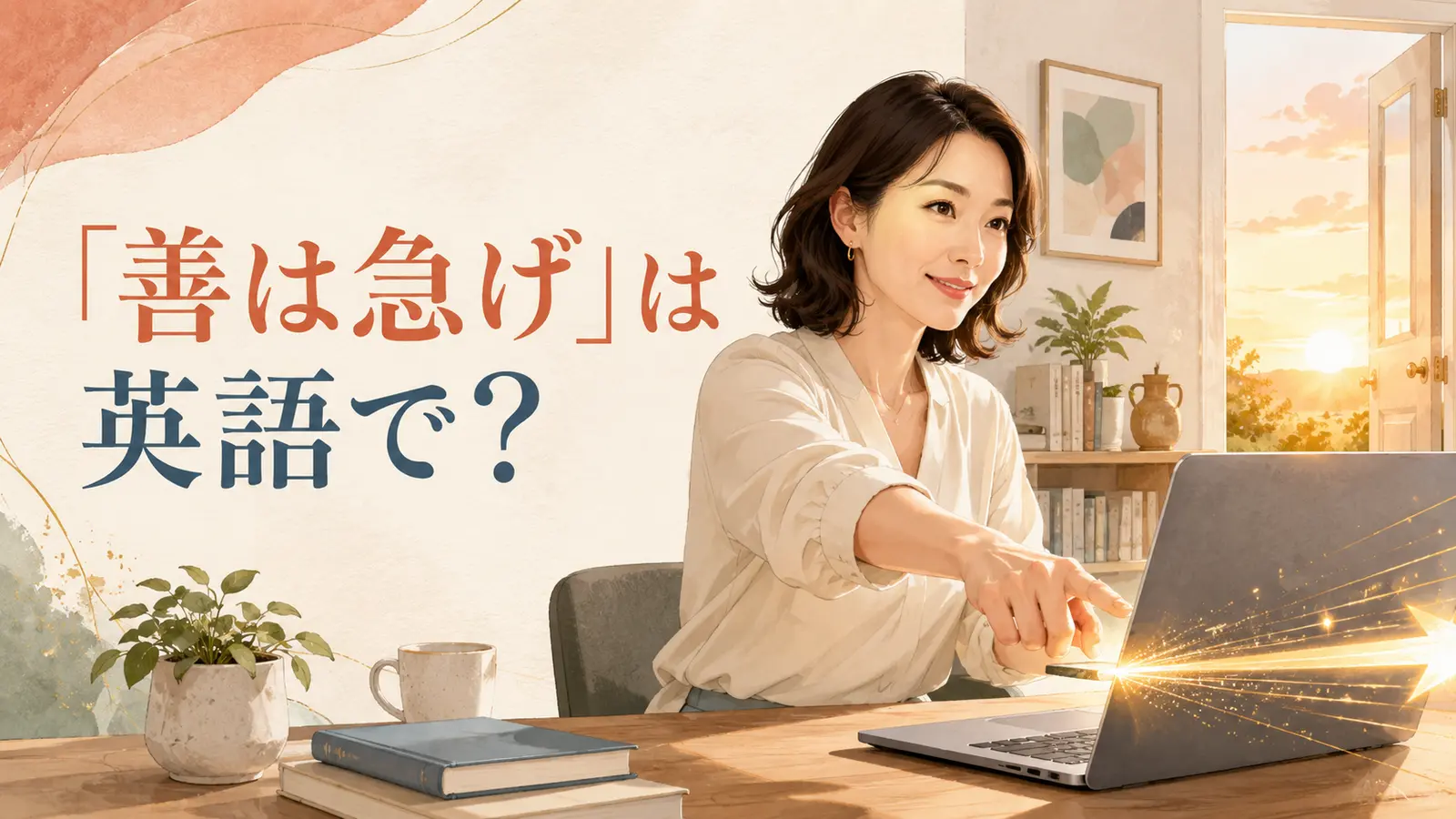 「善は急げ」は英語で？ 思い立ってすぐパソコンから行動する女性のイラスト