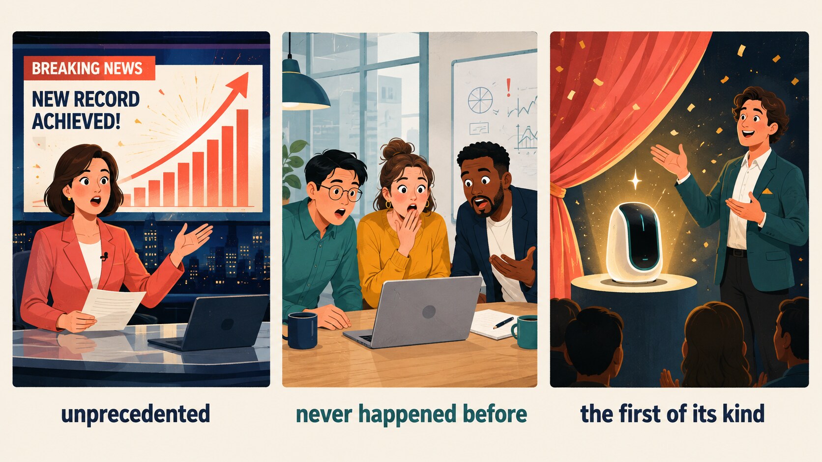 前代未聞を unprecedented、never happened before、the first of its kind で表すイラスト