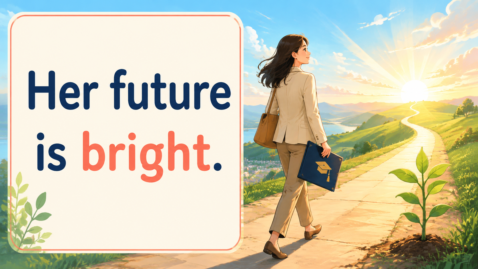 前途洋々を簡単な英語 Her future is bright. で表すイラスト