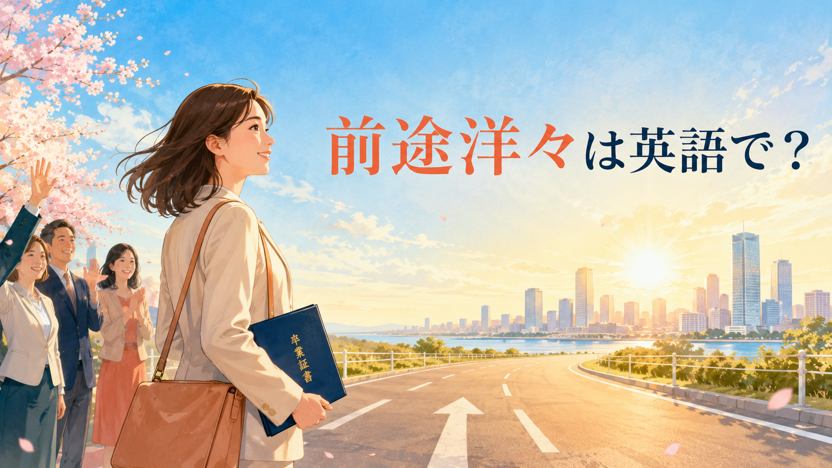 前途洋々を表す、卒業後に明るい未来へ歩き出す女性のイラスト