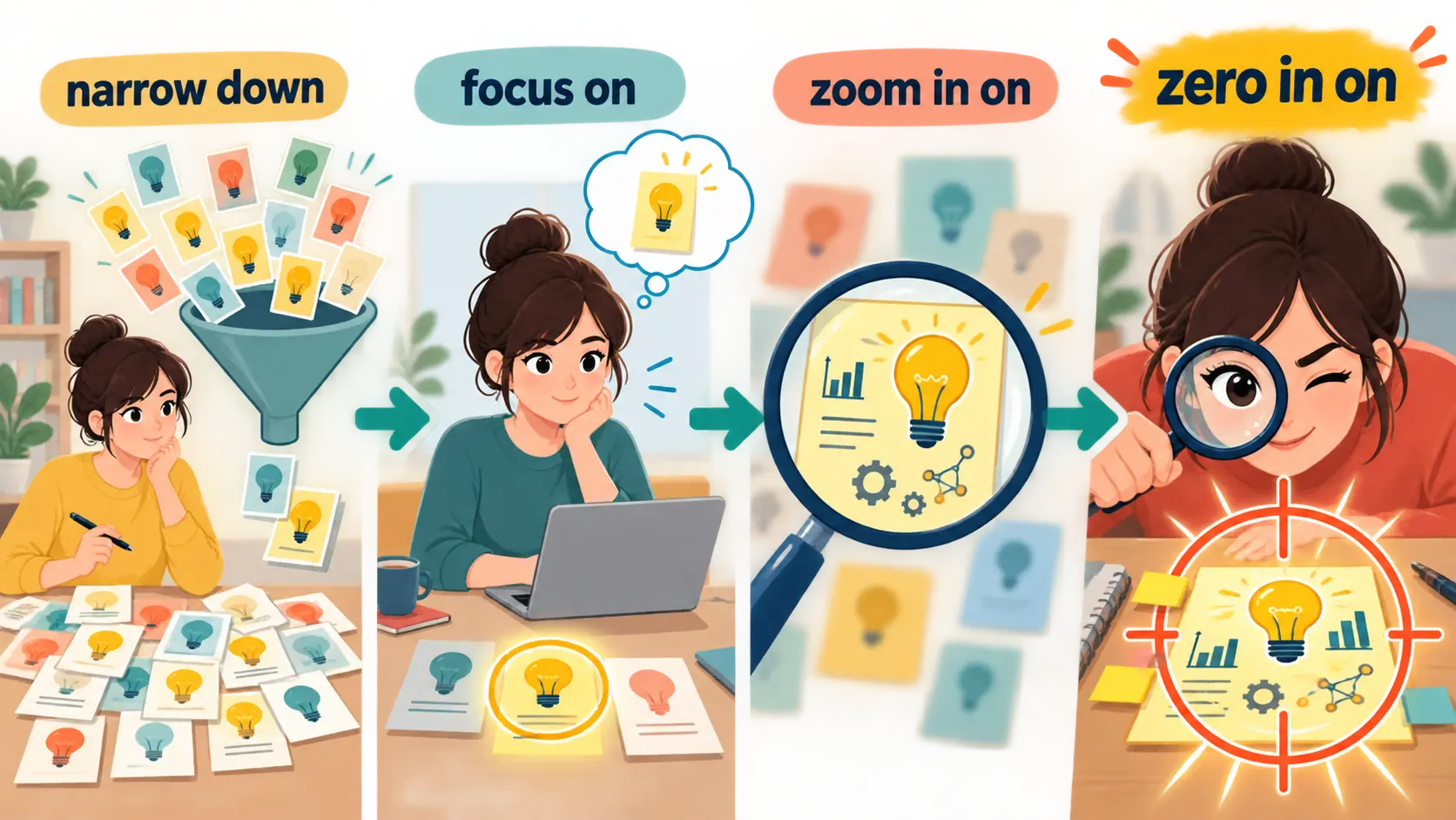 zero in on・focus on・narrow down・zoom in onの違いを一つの案に注目する流れで示した比較イラスト