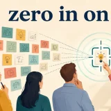 zero in onの意味を表す、多くの候補から一つの重要な案へ焦点を絞るチームのイラスト