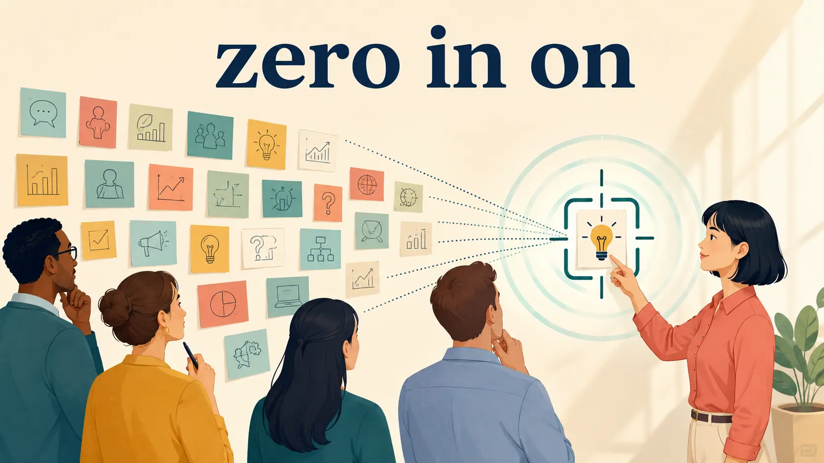 zero in onの意味を表す、多くの候補から一つの重要な案へ焦点を絞るチームのイラスト