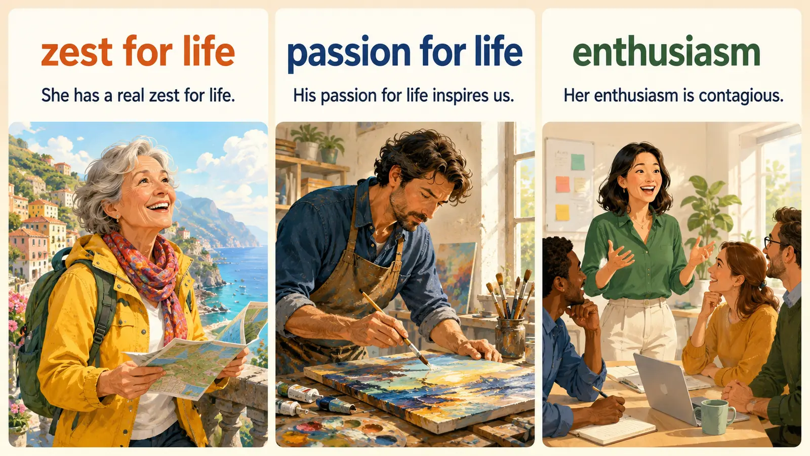 zest for life、passion for life、enthusiasmの意味と例文を比較する図