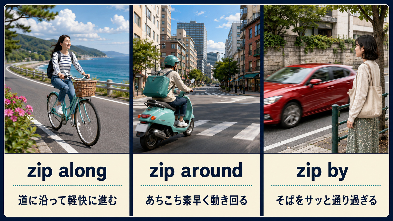 zip alongとzip aroundとzip byの意味とニュアンス比較